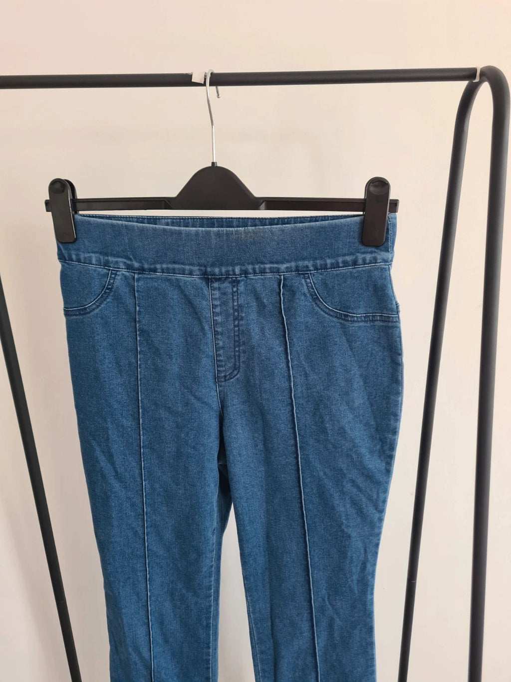 Nina Leonard women blue pull on stretch denim trousers cotton blend straight skinny leg pants S/M