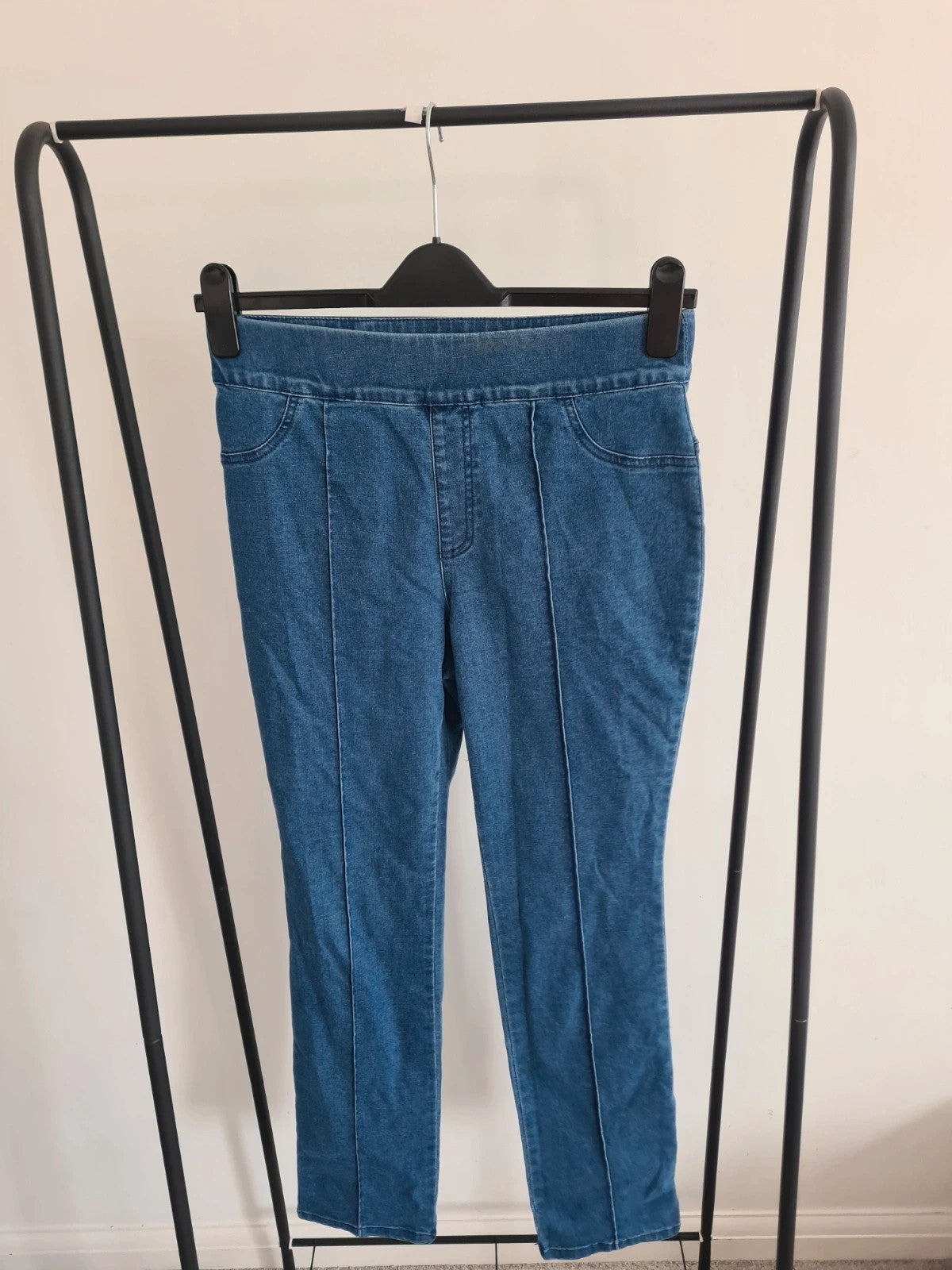 Nina Leonard women blue pull on stretch denim trousers cotton blend straight skinny leg pants S/M