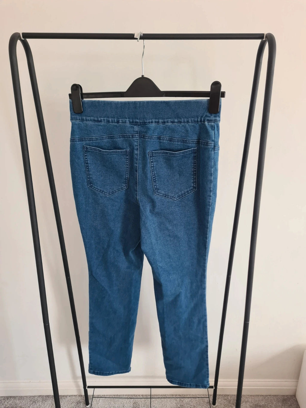 Nina Leonard women blue pull on stretch denim trousers cotton blend straight skinny leg pants S/M