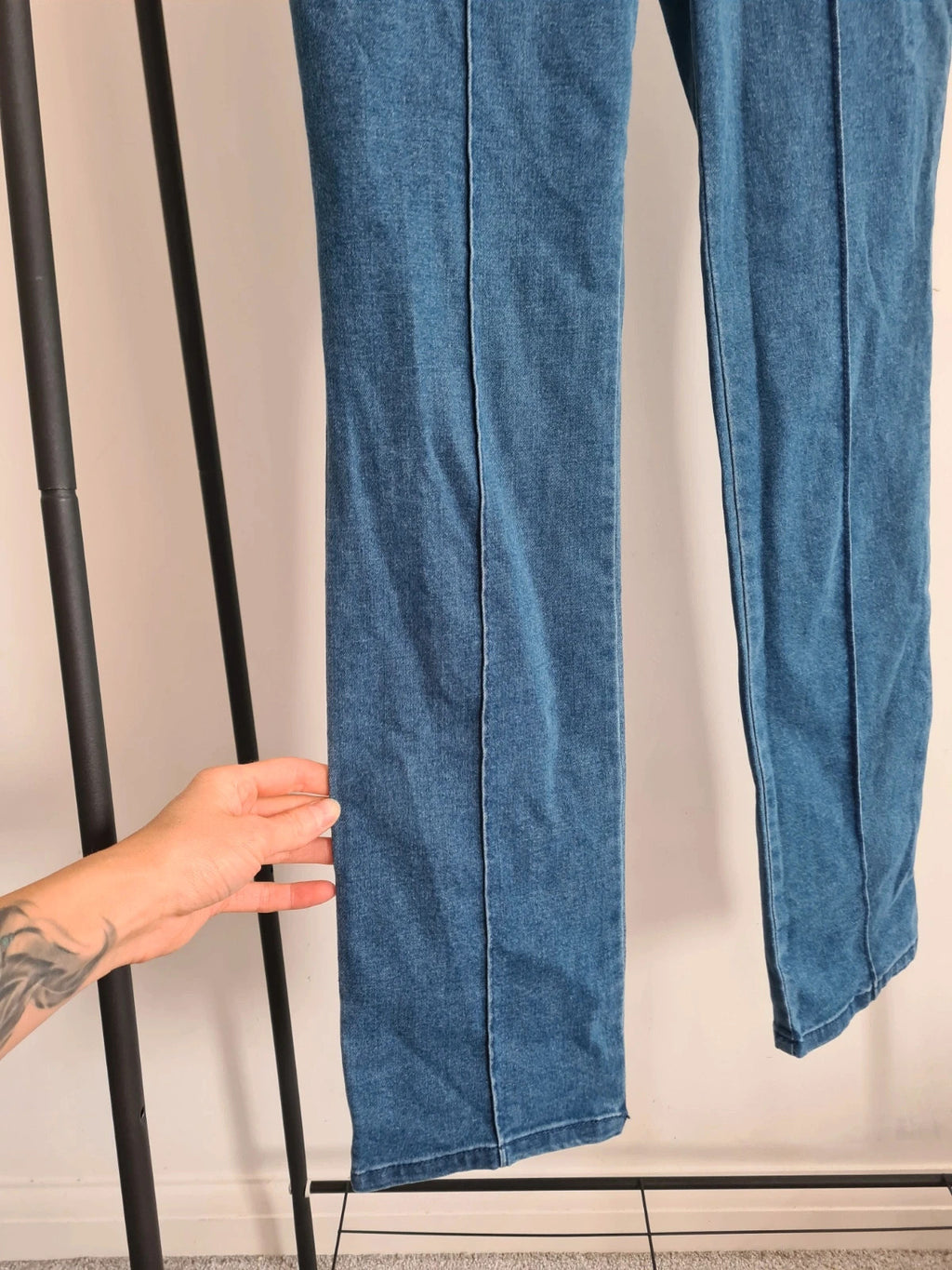 Nina Leonard women blue pull on stretch denim trousers cotton blend straight skinny leg pants S/M