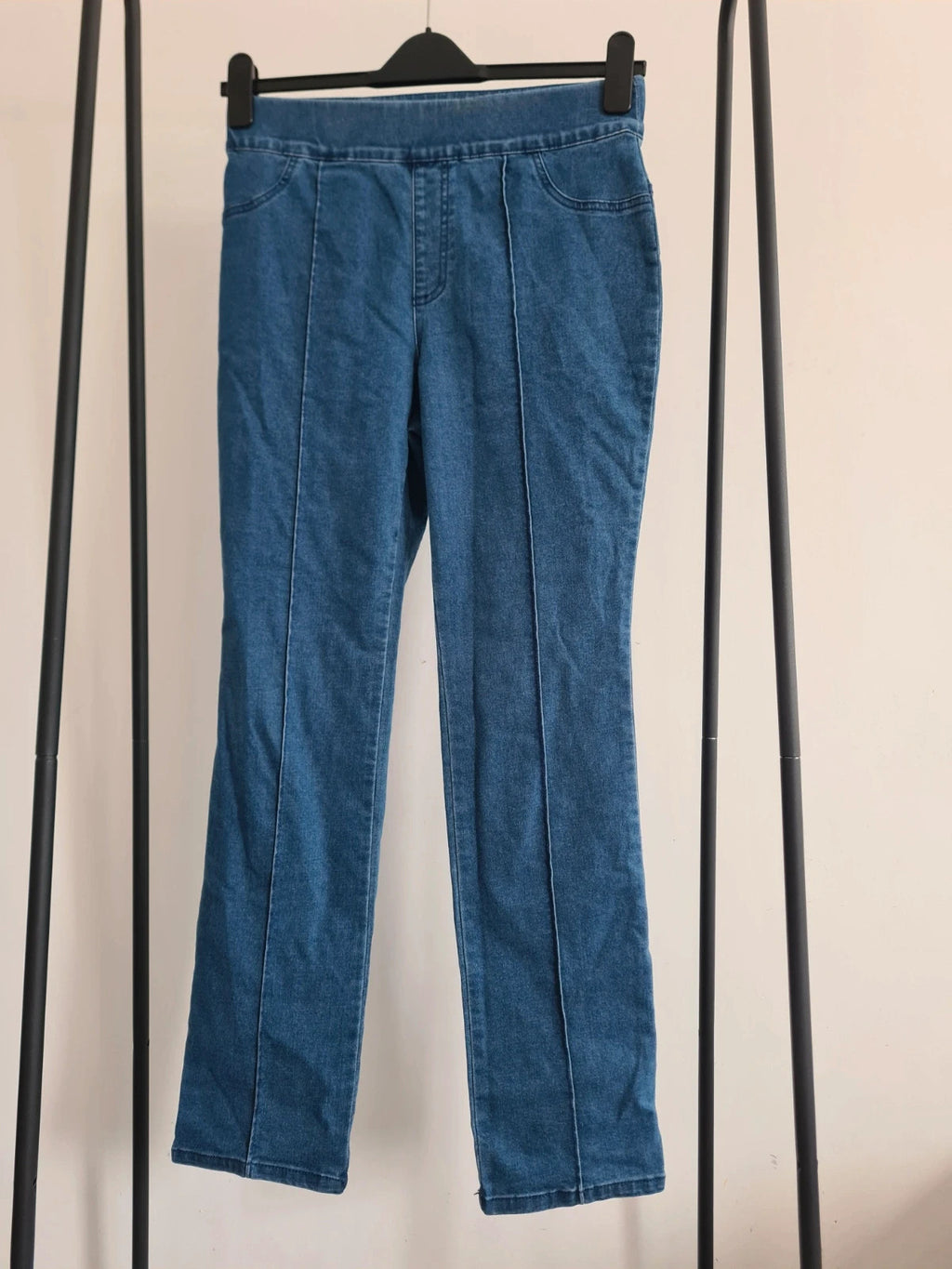 Nina Leonard women blue pull on stretch denim trousers cotton blend straight skinny leg pants S/M