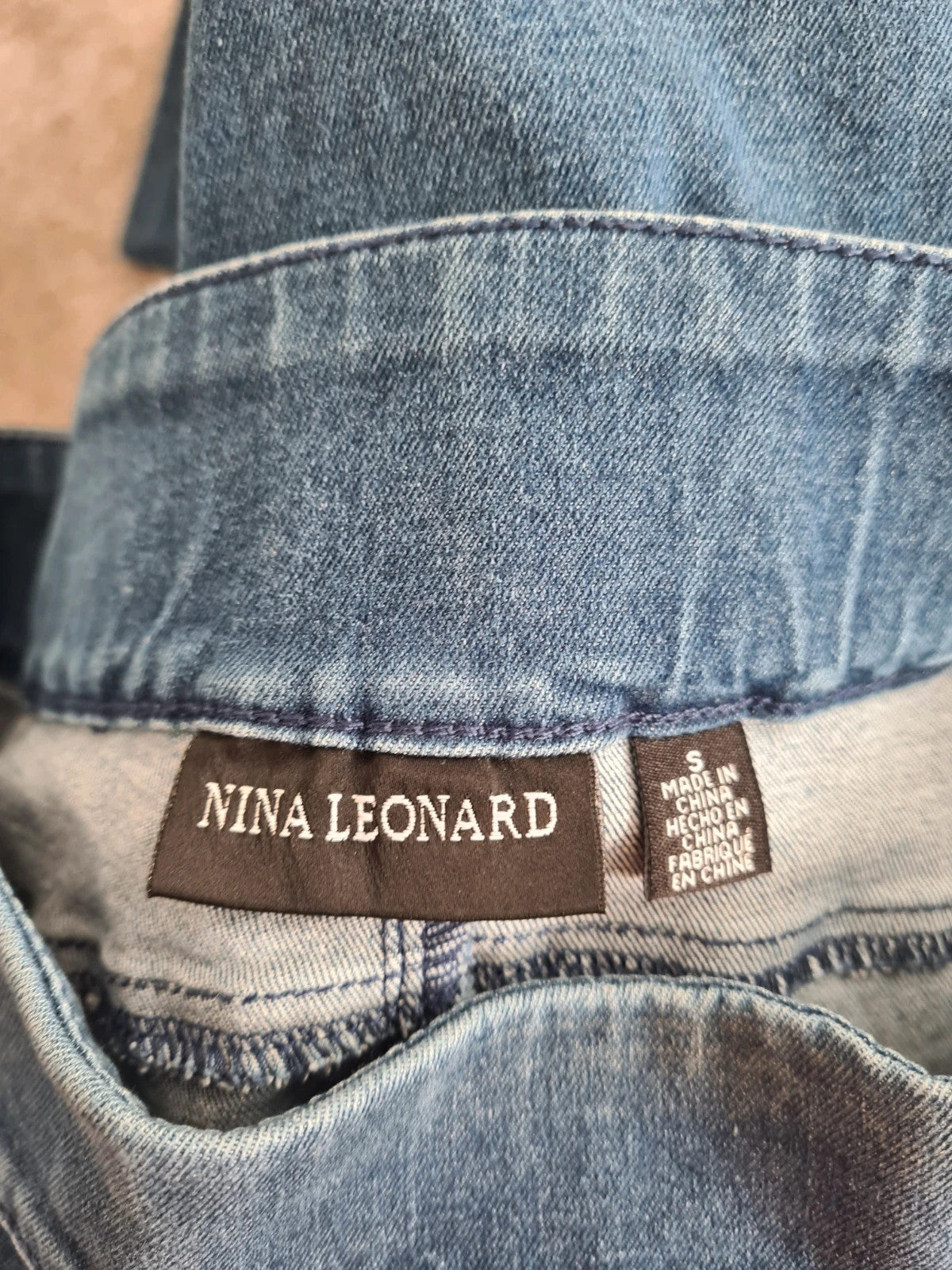Nina Leonard women blue pull on stretch denim trousers cotton blend straight skinny leg pants S/M