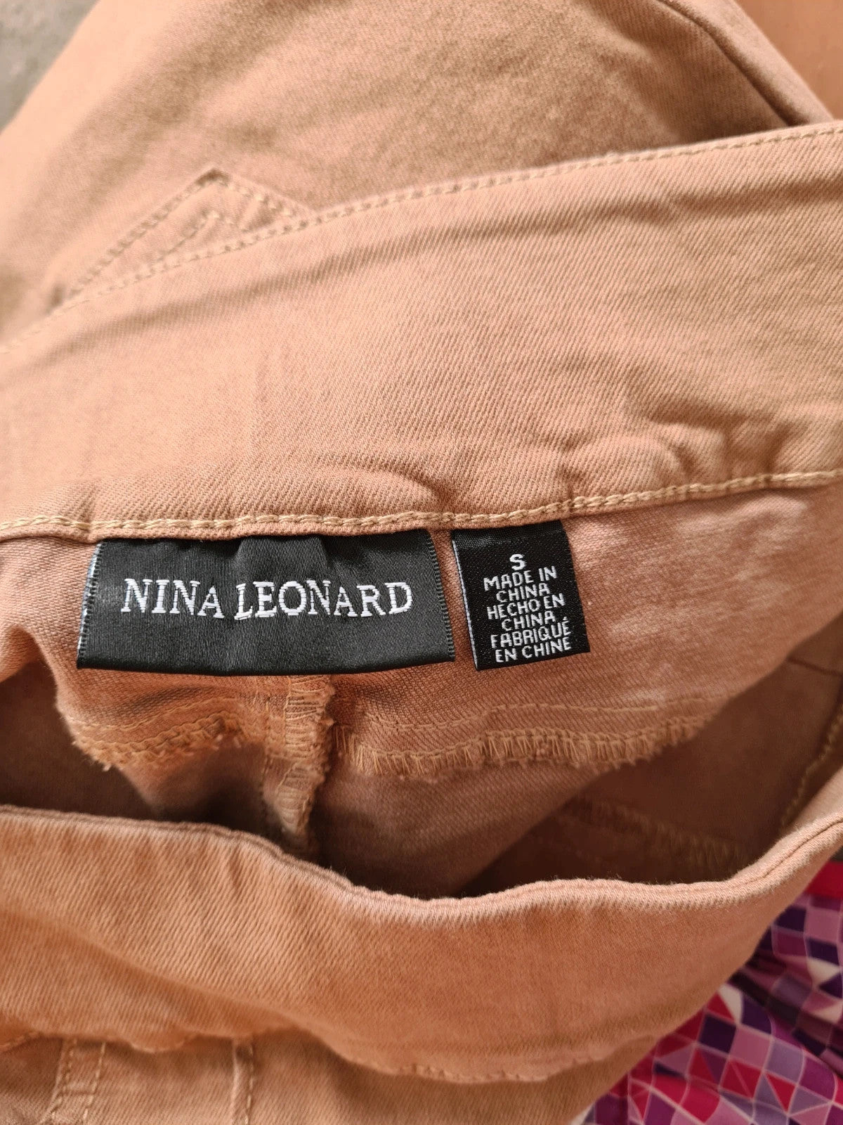 Nina Leonard women beige pull on stretch denim trousers cotton blend straight skinny leg casual S/M