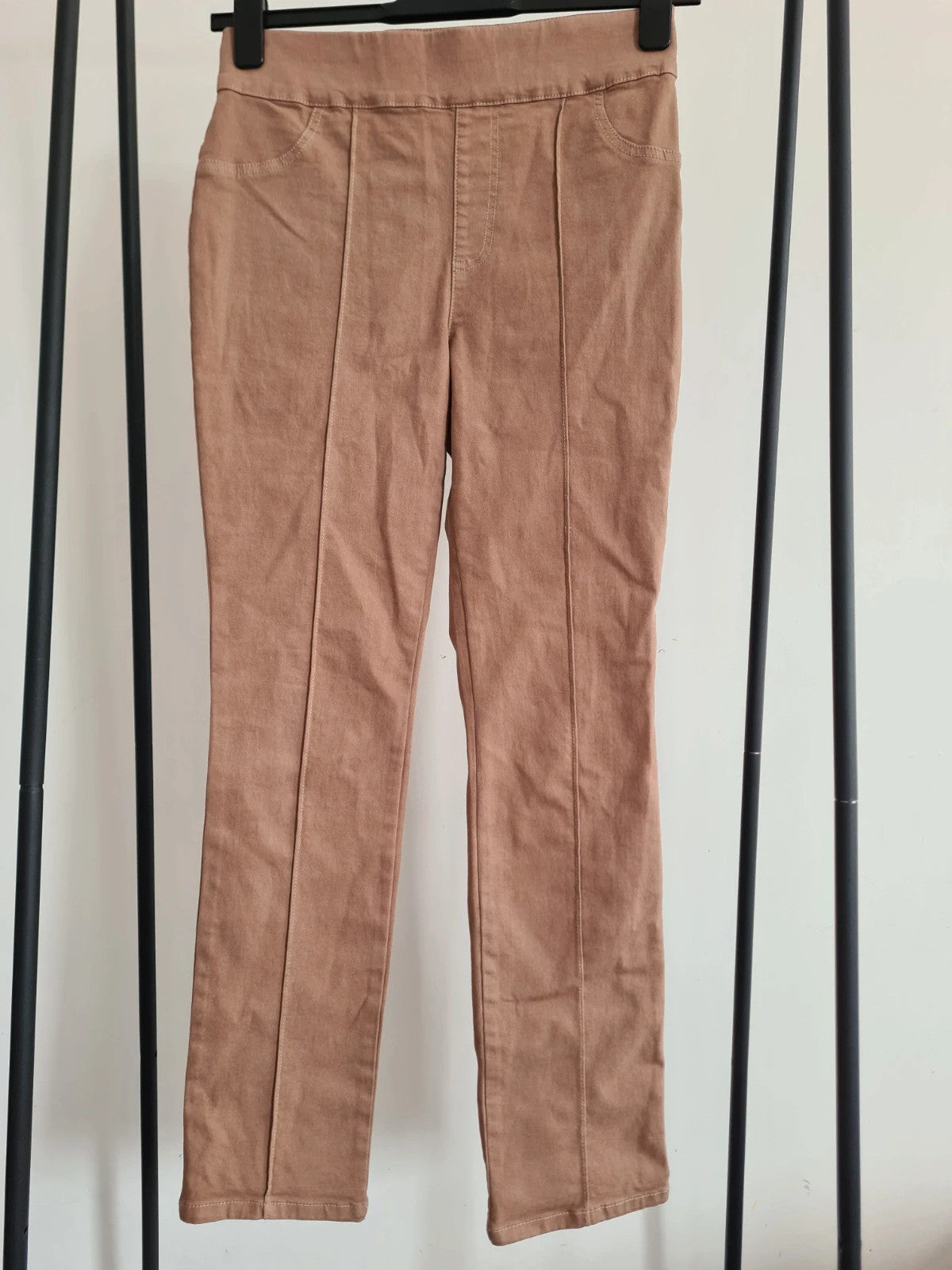 Nina Leonard women beige pull on stretch denim trousers cotton blend straight skinny leg casual S/M