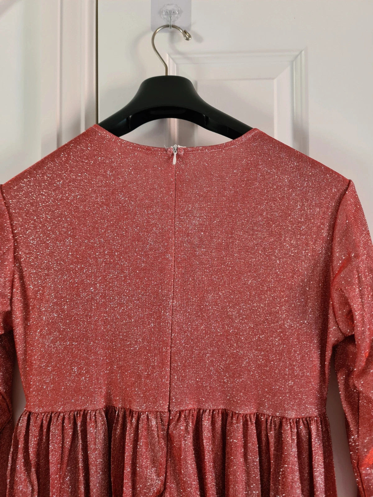 Shein women red sequin long dress 3/4 sleeve wrap bust V-neck belted zip back casual 2XL/16