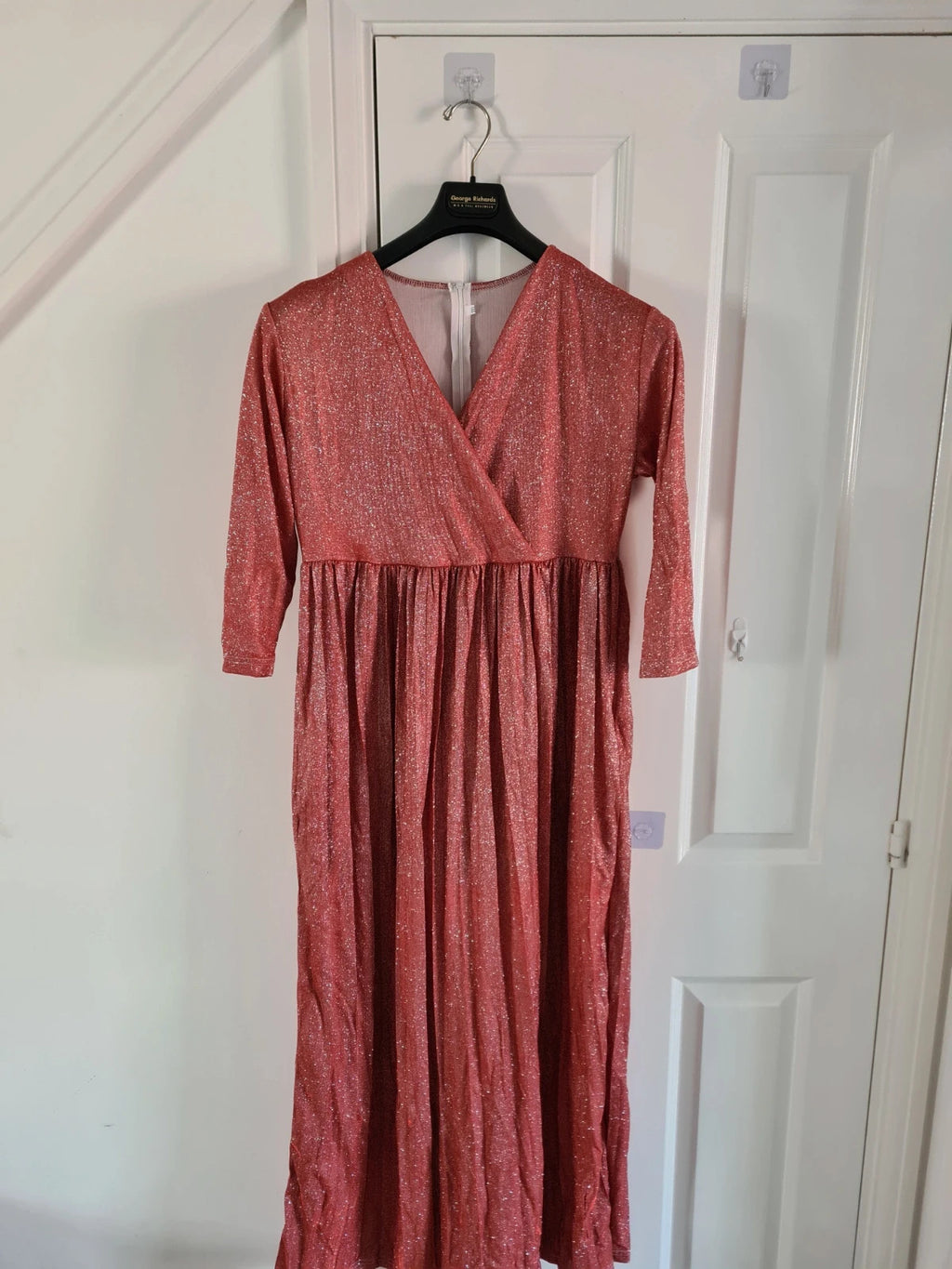 Shein women red sequin long dress 3/4 sleeve wrap bust V-neck belted zip back casual 2XL/16