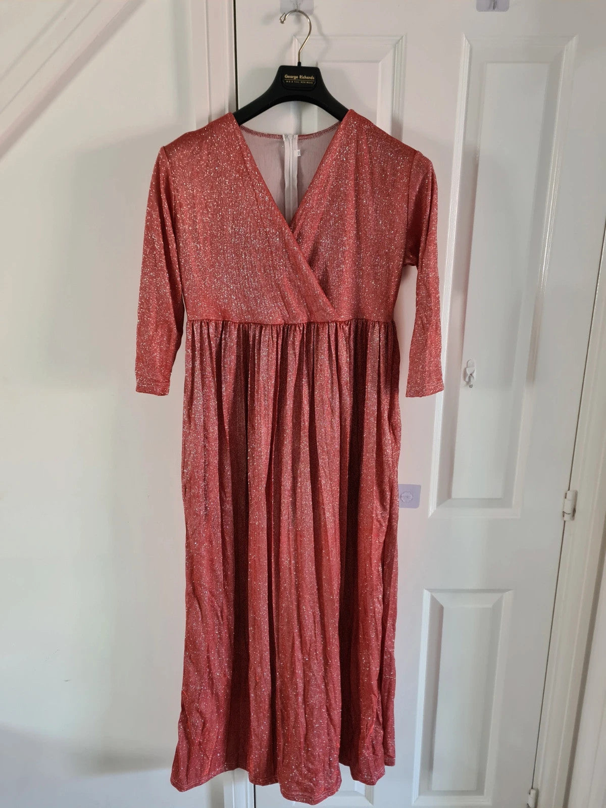 Shein women red sequin long dress 3/4 sleeve wrap bust V-neck belted zip back casual 2XL/16