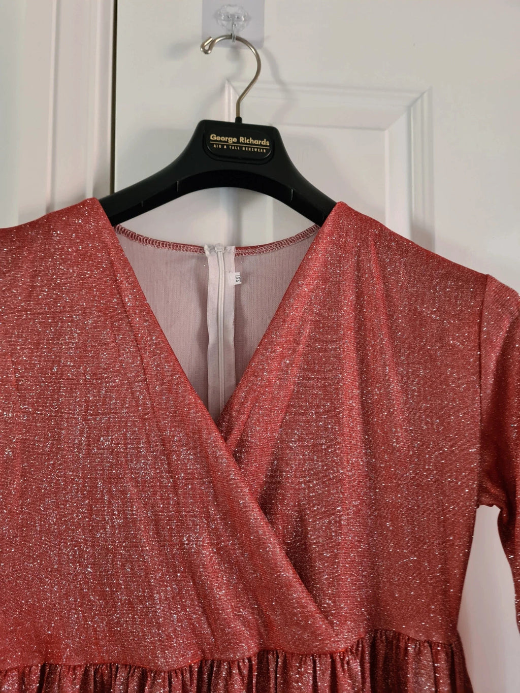 Shein women red sequin long dress 3/4 sleeve wrap bust V-neck belted zip back casual 2XL/16
