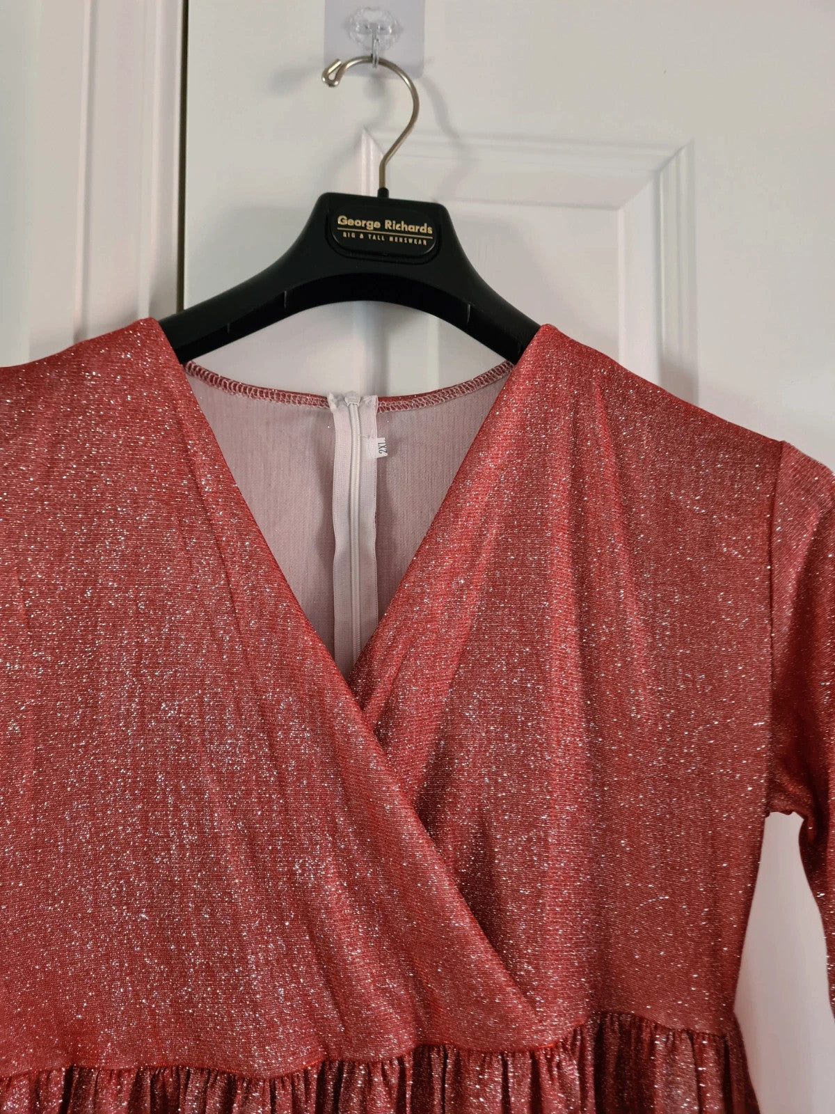 Shein women red sequin long dress 3/4 sleeve wrap bust V-neck belted zip back casual 2XL/16