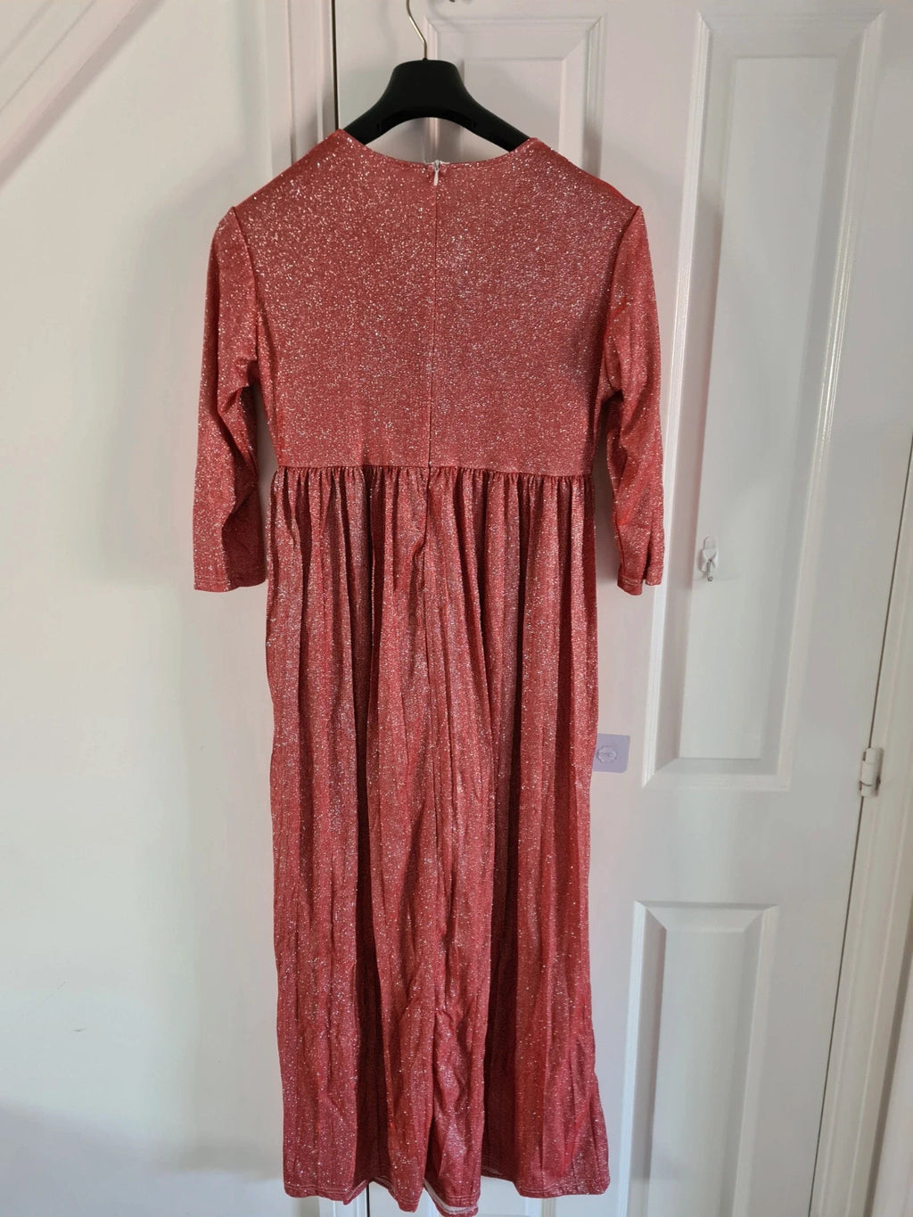 Shein women red sequin long dress 3/4 sleeve wrap bust V-neck belted zip back casual 2XL/16