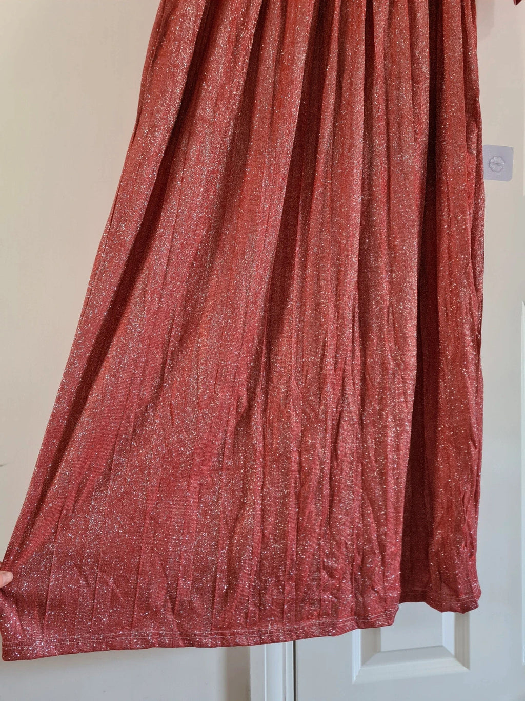 Shein women red sequin long dress 3/4 sleeve wrap bust V-neck belted zip back casual 2XL/16