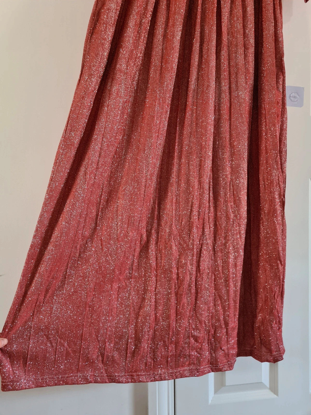 Shein women red sequin long dress 3/4 sleeve wrap bust V-neck belted zip back casual 2XL/16