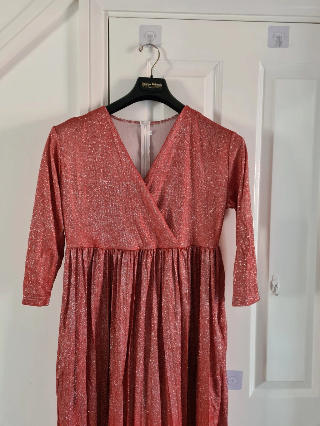 Shein women red sequin long dress 3/4 sleeve wrap bust V-neck belted zip back casual 2XL/16