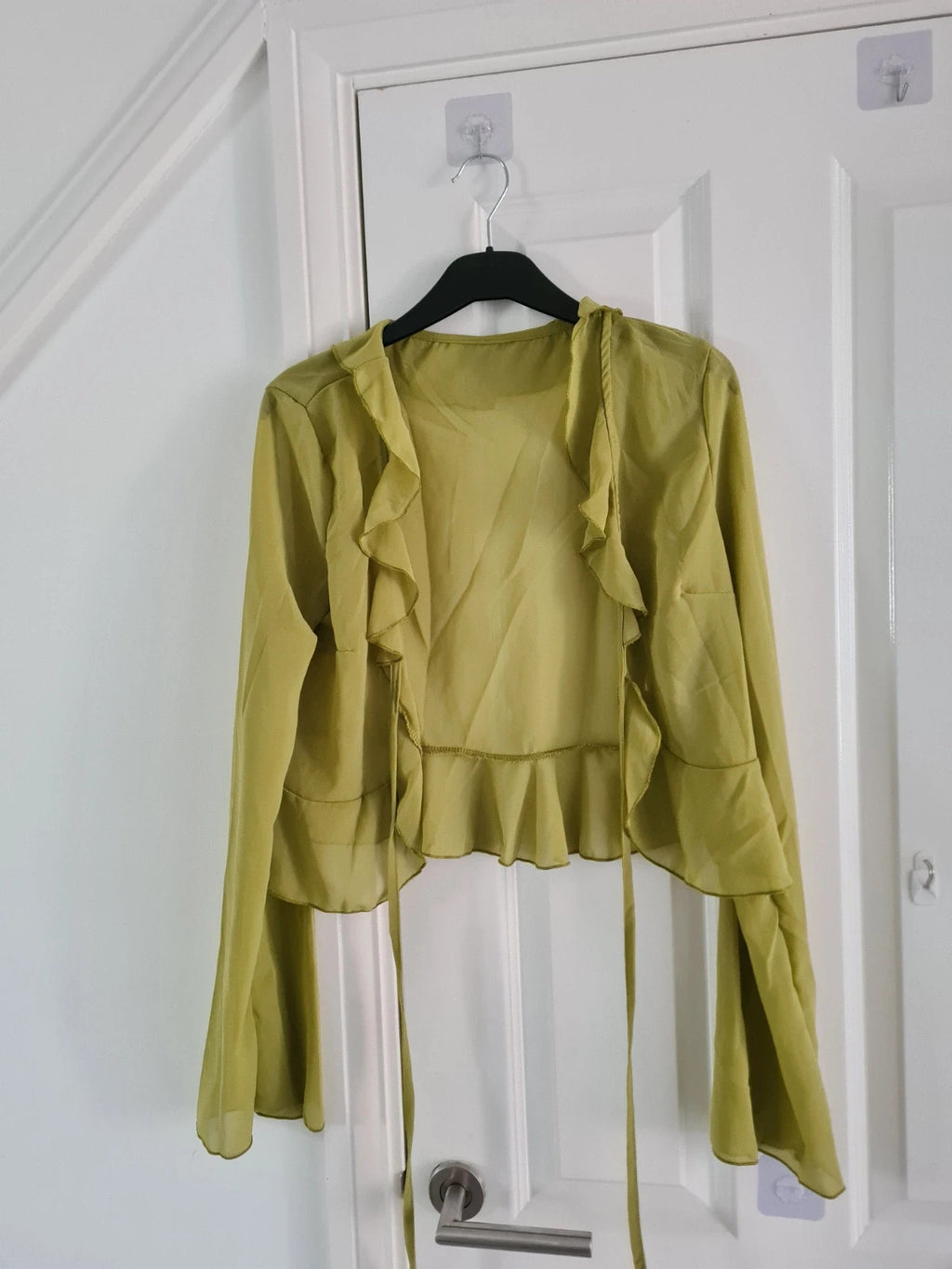 Shein women mesh ruffle hem crop top long sleeve tie frill green cover-up through cotton rich M/10