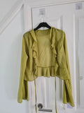 Shein women mesh ruffle hem crop top long sleeve tie frill green cover-up through cotton rich M/10