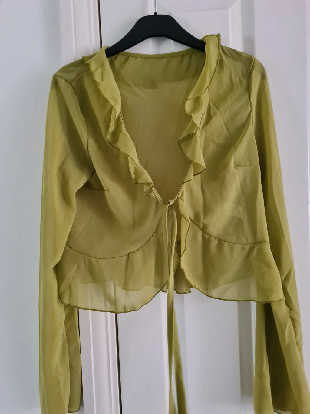Shein women mesh ruffle hem crop top long sleeve tie frill green cover-up through cotton rich M/10