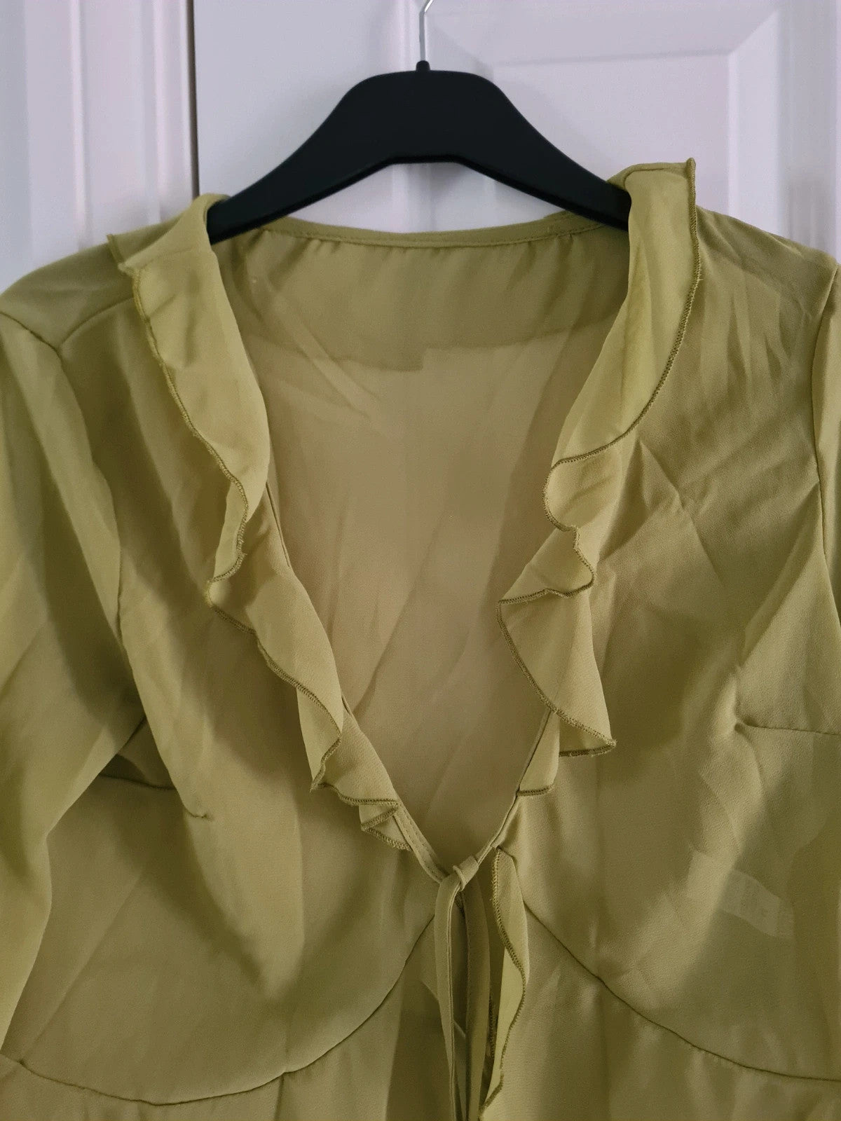 Shein women mesh ruffle hem crop top long sleeve tie frill green cover-up through cotton rich M/10