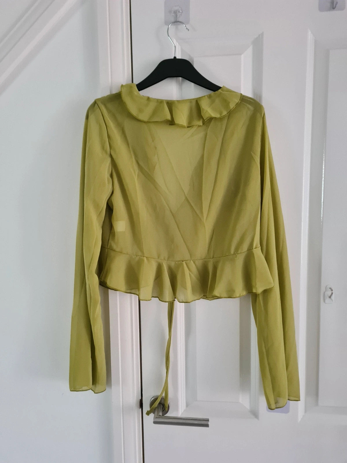 Shein women mesh ruffle hem crop top long sleeve tie frill green cover-up through cotton rich M/10