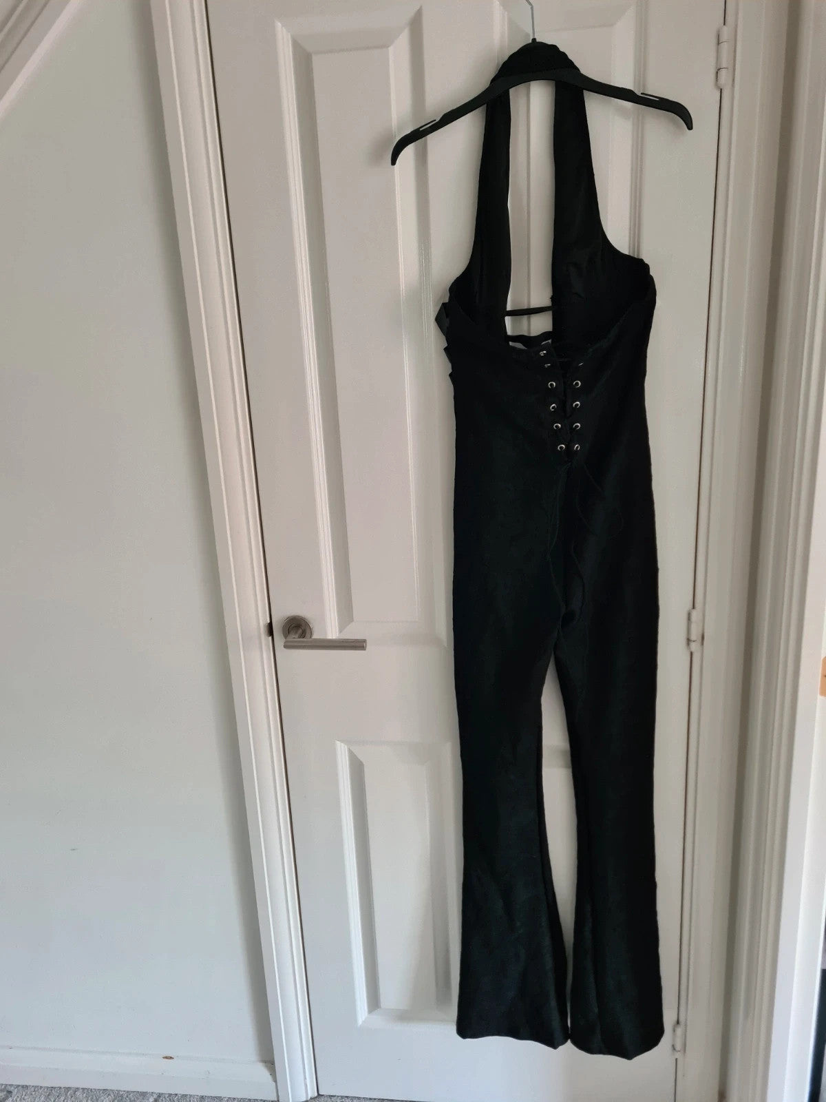 Shein women cotton blend halterneck black lace jumpsuit cross band bodycon party night out L/12