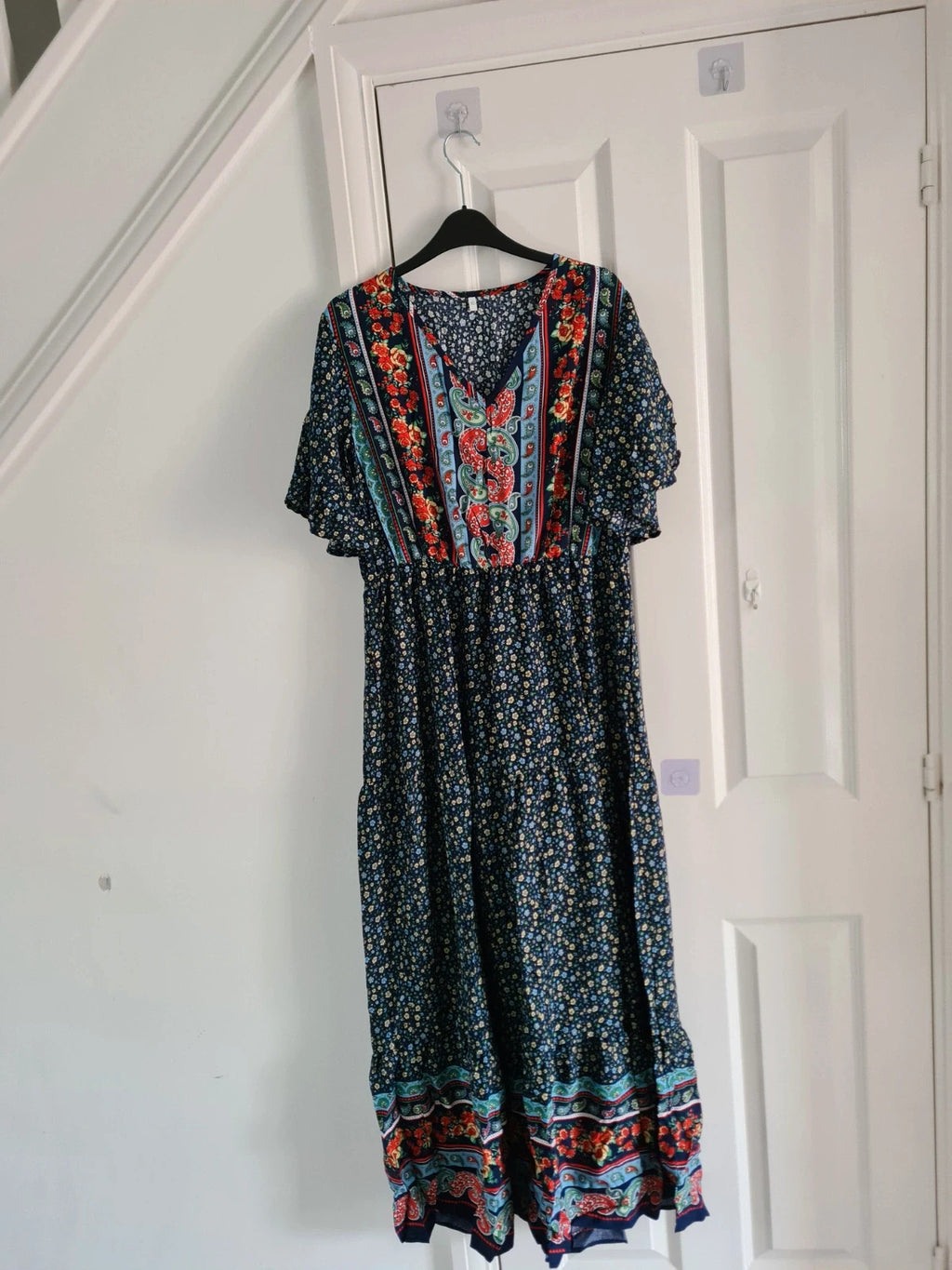 Shein women floral print midi dress V-neck short sleeve A-line blue multicolours casual summer XL/14