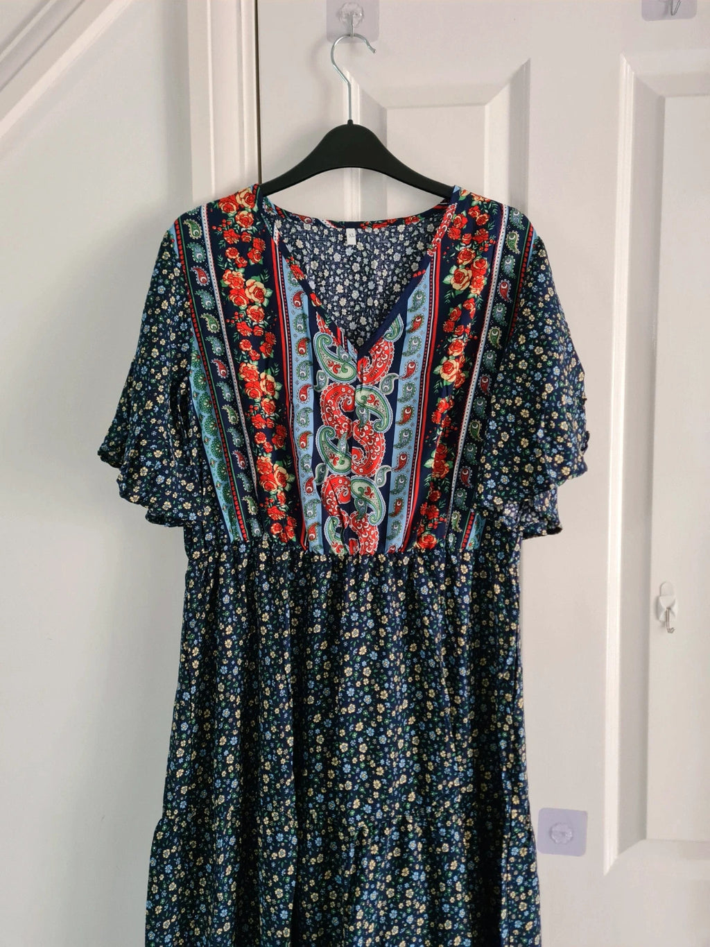 Shein women floral print midi dress V-neck short sleeve A-line blue multicolours casual summer XL/14