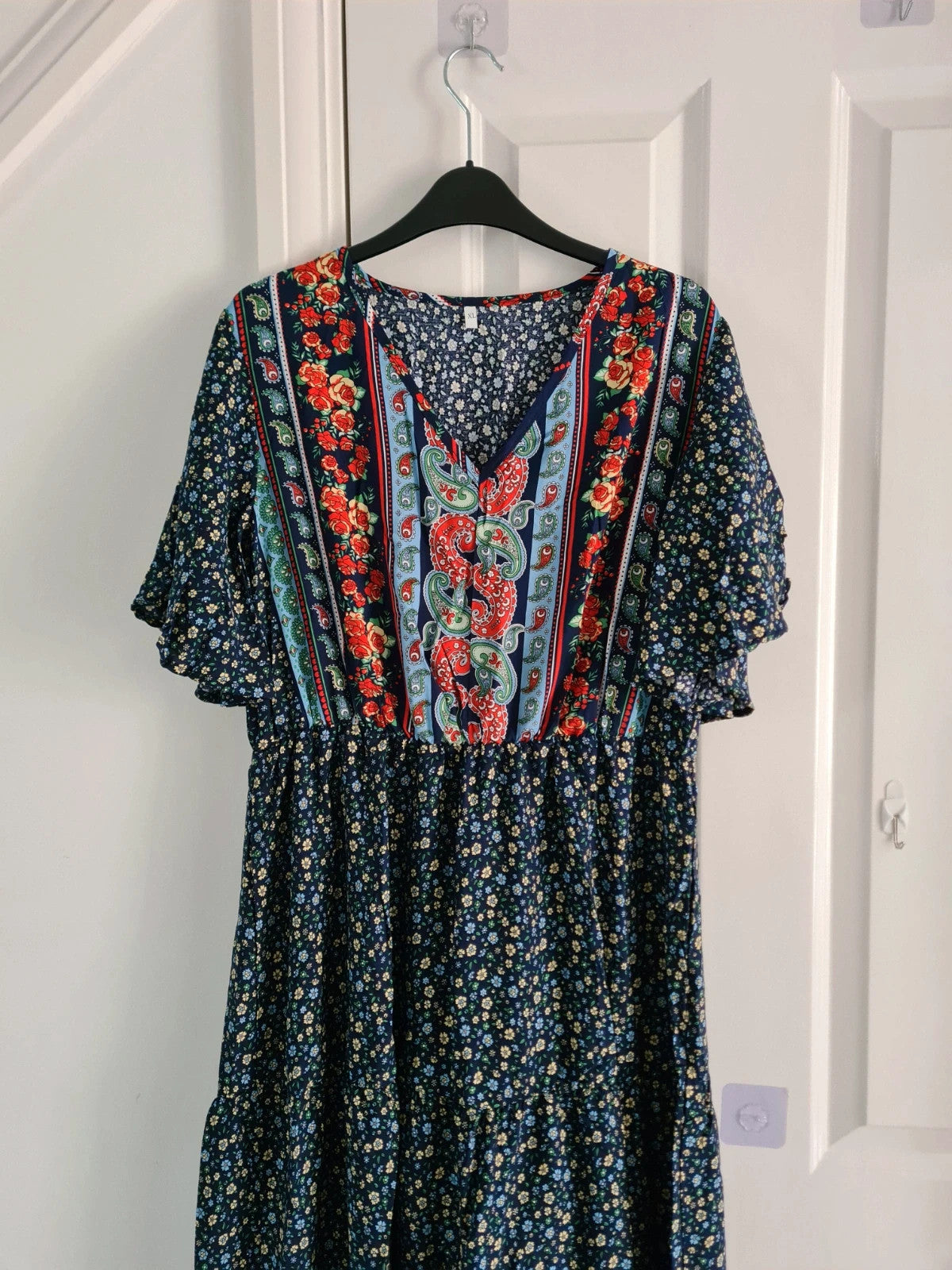Shein women floral print midi dress V-neck short sleeve A-line blue multicolours casual summer XL/14