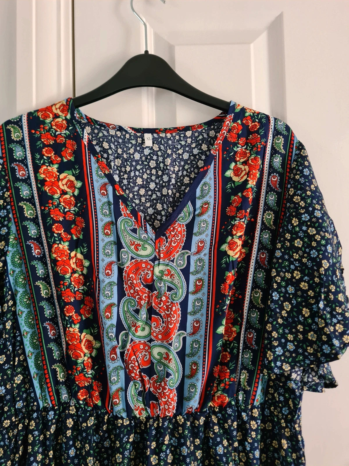 Shein women floral print midi dress V-neck short sleeve A-line blue multicolours casual summer XL/14