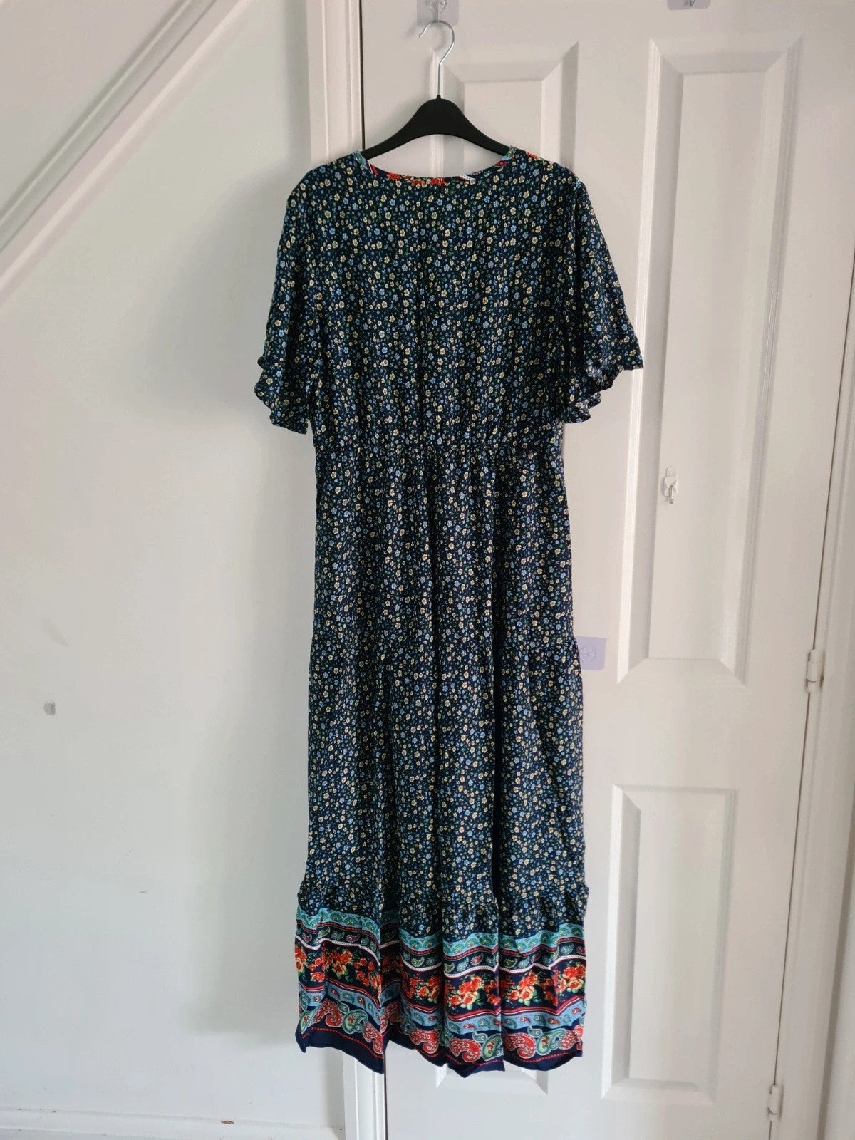 Shein women floral print midi dress V-neck short sleeve A-line blue multicolours casual summer XL/14