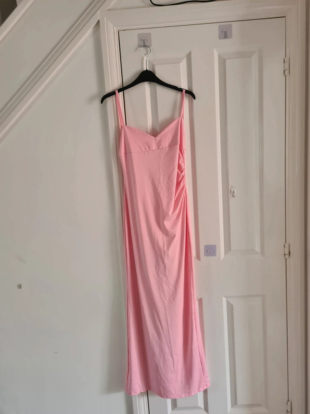 Shein women pink long dress bodycon sleeveless ruched side open back casual party summer S