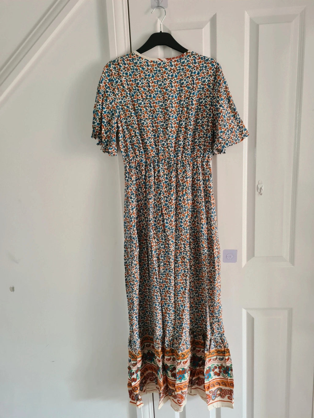 Shein women multicolours floral long dress V-neck short sleeve flared hem A-line elastic waist M/10
