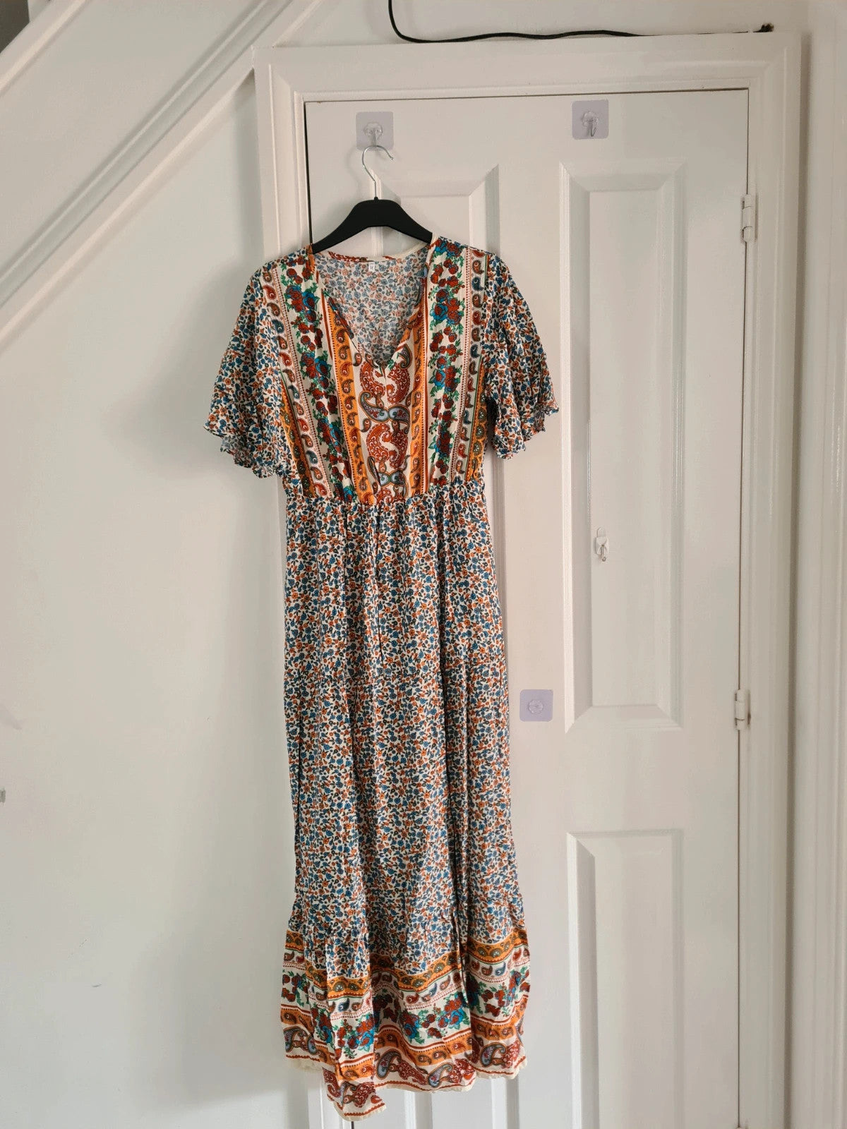 Shein women multicolours floral long dress V-neck short sleeve flared hem A-line elastic waist M/10