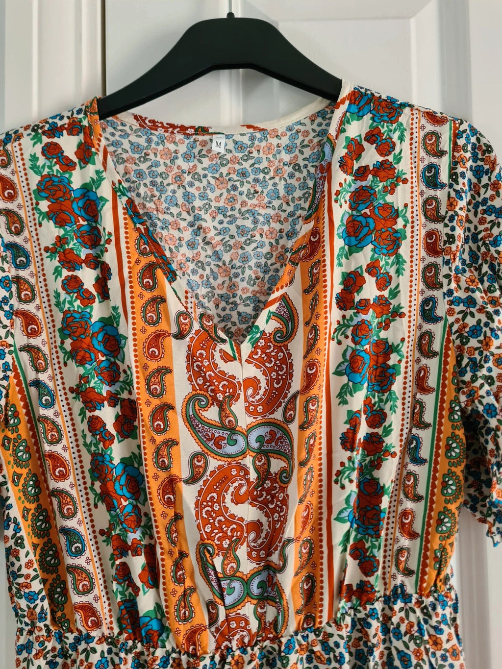 Shein women multicolours floral long dress V-neck short sleeve flared hem A-line elastic waist M/10
