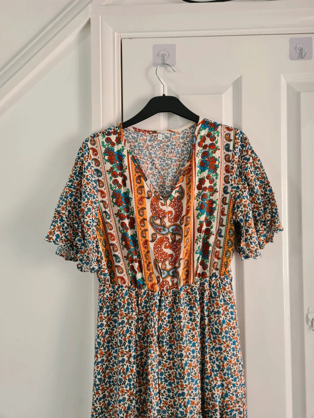 Shein women multicolours floral long dress V-neck short sleeve flared hem A-line elastic waist M/10