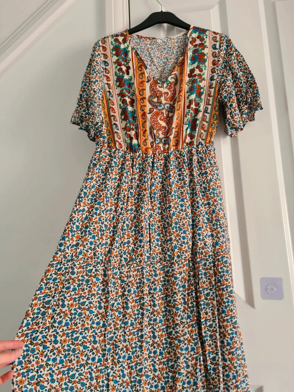 Shein women multicolours floral long dress V-neck short sleeve flared hem A-line elastic waist M/10