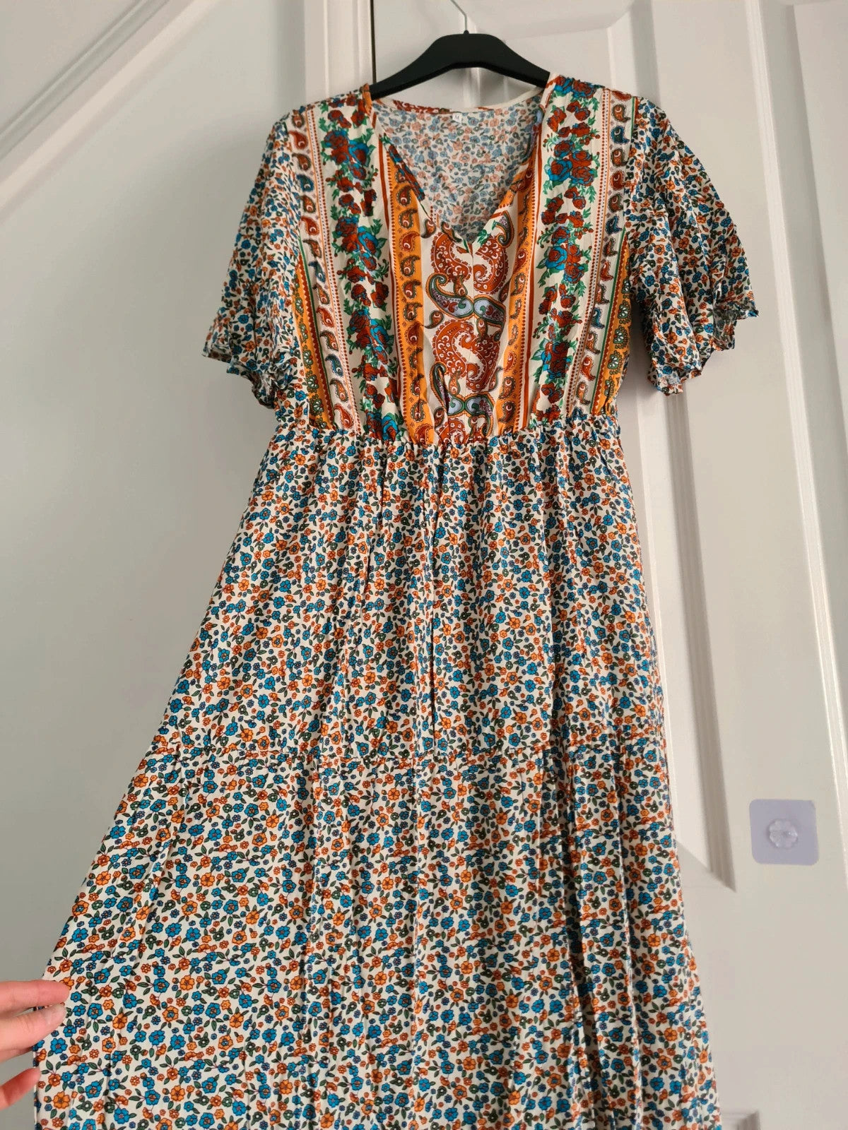 Shein women multicolours floral long dress V-neck short sleeve flared hem A-line elastic waist M/10