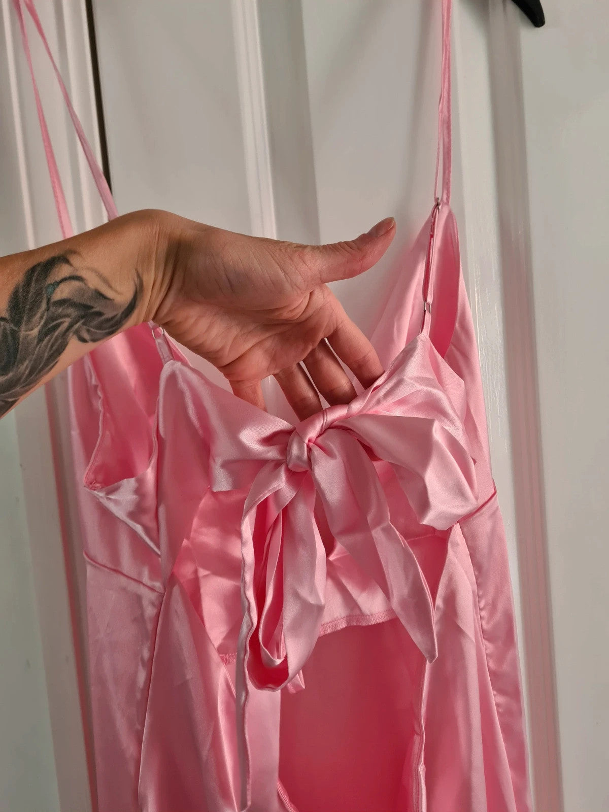 Shein women satin pink midi dress sleeveless tie front bow back party weeding dress M/10