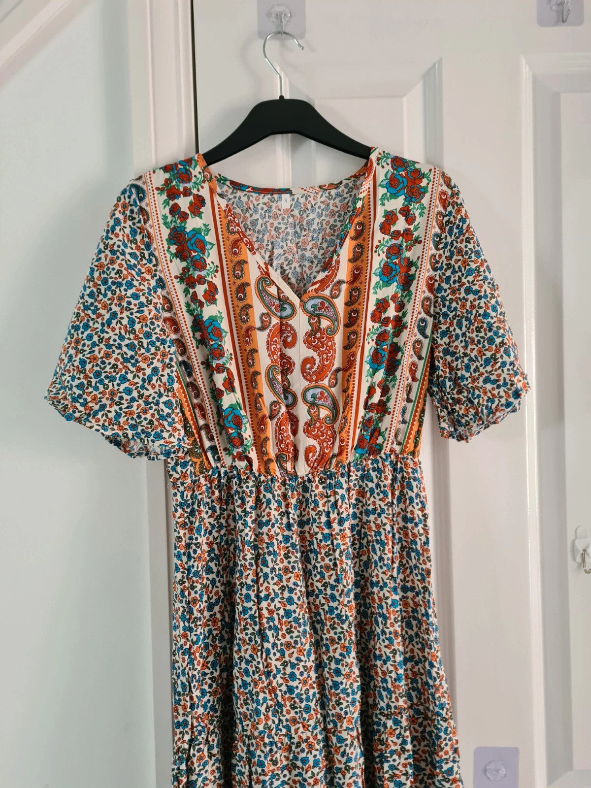Shein women multicolours floral long dress V-neck short sleeve flared hem A-line elastic waistband S