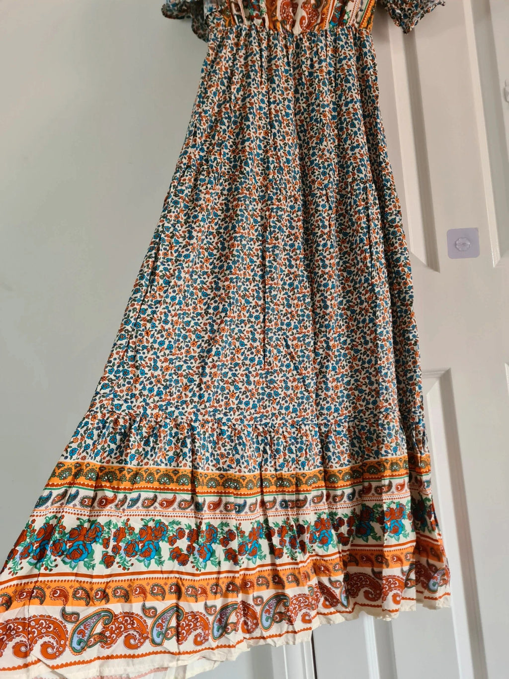 Shein women multicolours floral long dress V-neck short sleeve flared hem A-line elastic waistband S