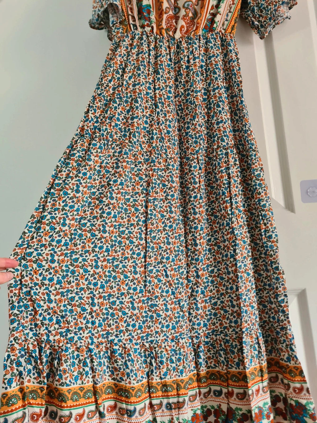 Shein women multicolours floral long dress V-neck short sleeve flared hem A-line elastic waistband S