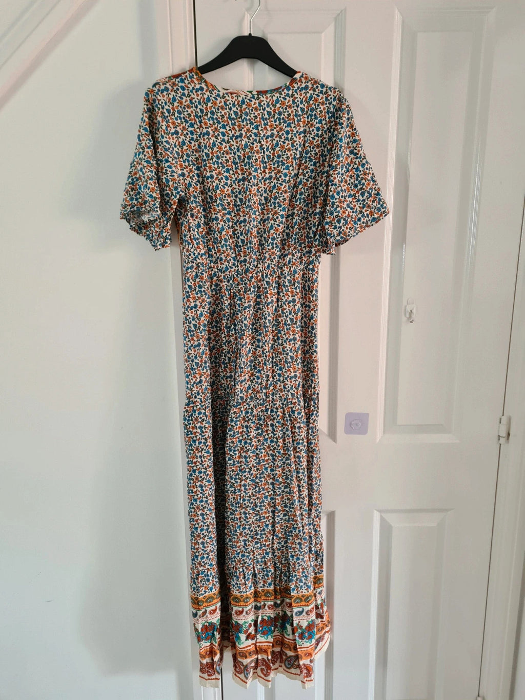 Shein women multicolours floral long dress V-neck short sleeve flared hem A-line elastic waistband S
