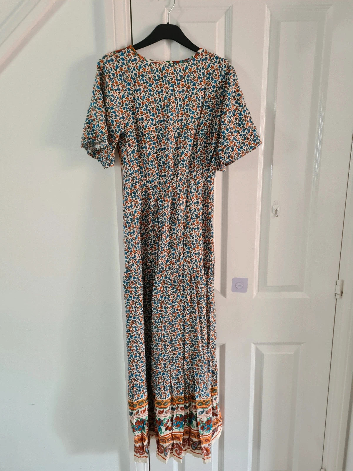 Shein women multicolours floral long dress V-neck short sleeve flared hem A-line elastic waistband S