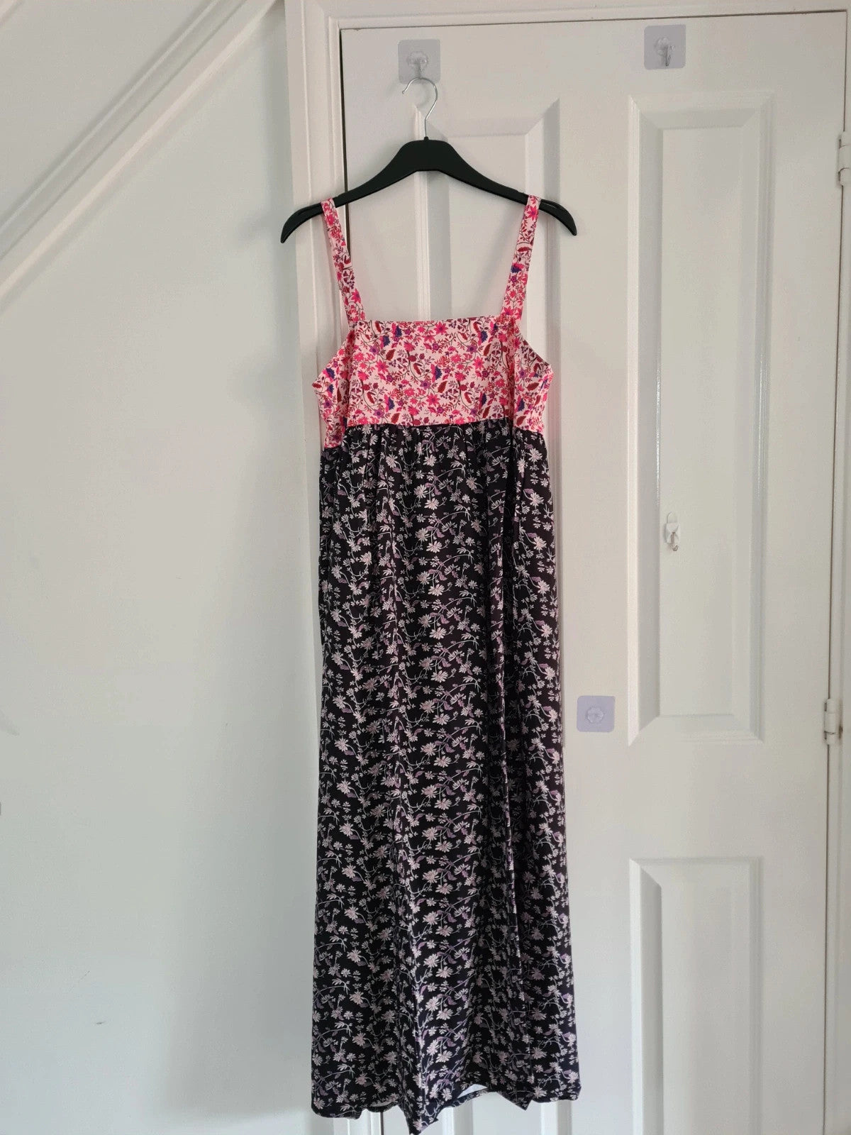 Shein women pink/black floral print midi dress sleeveless buttons back split hem A-Line casual S
