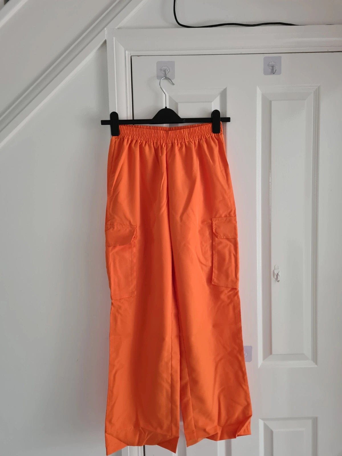 Shein women orange straight wide leg pockets on side trousers boyfriend style casual S