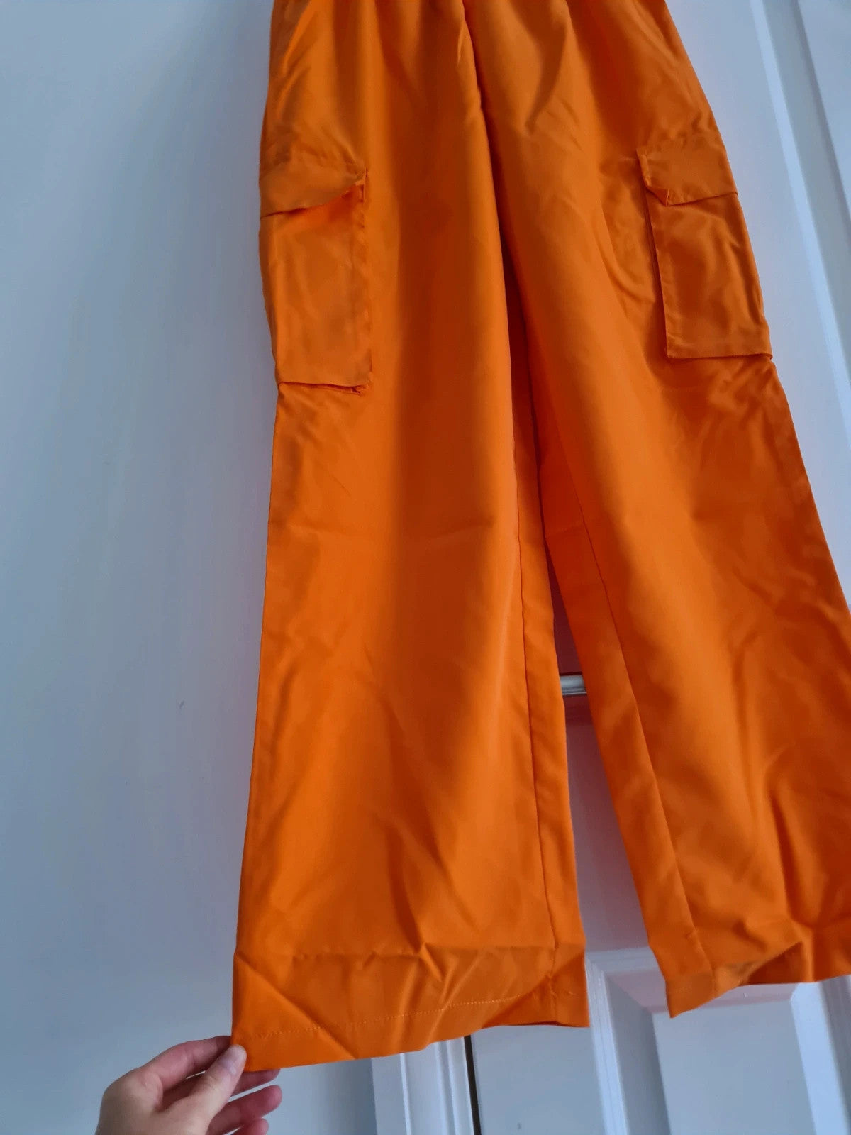 Shein women orange straight wide leg pockets on side trousers boyfriend style casual S