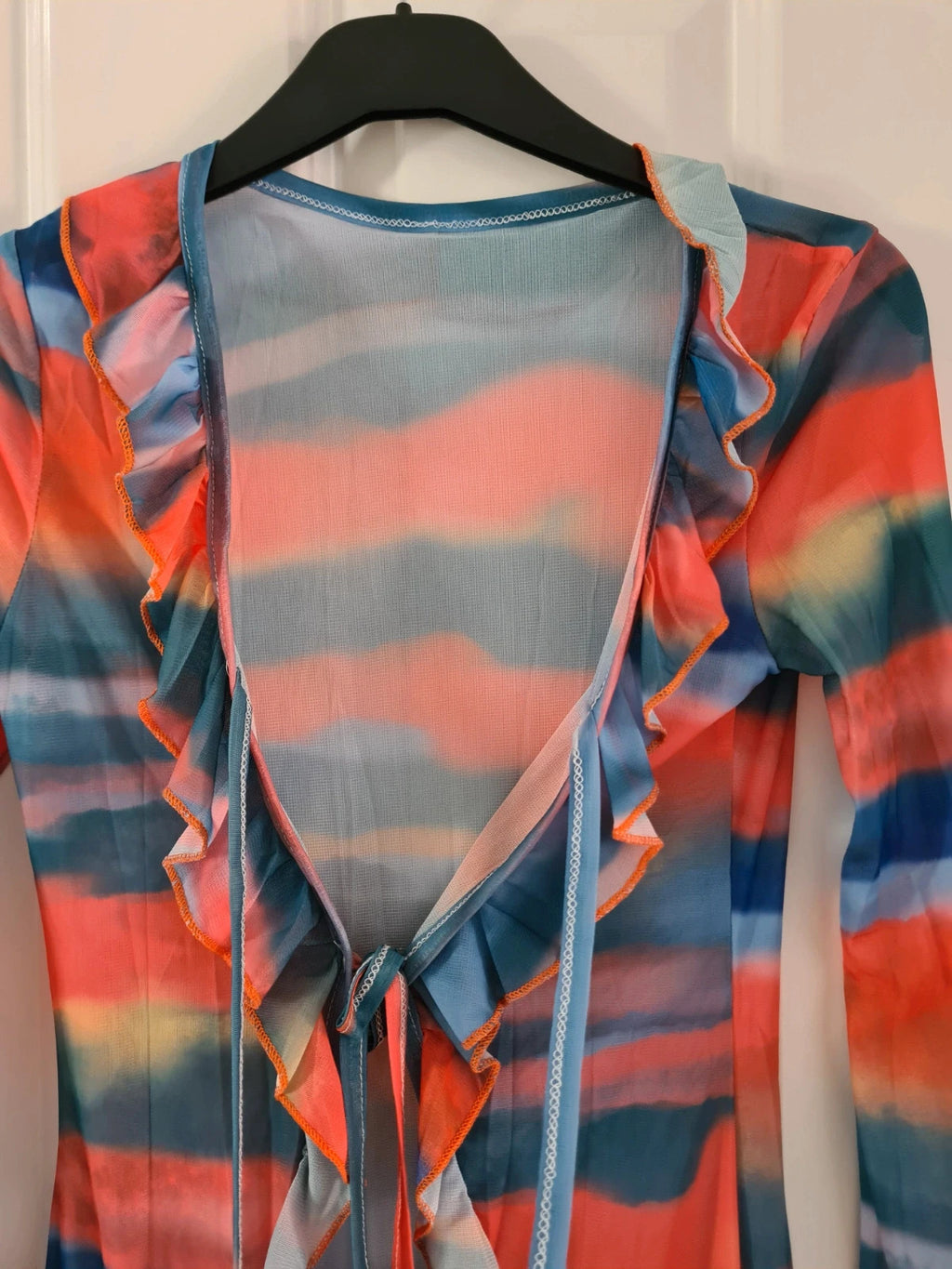 Shein women orange/blue cotton blend sheer mesh mini dress flared long sleeve cut out ruched beach S