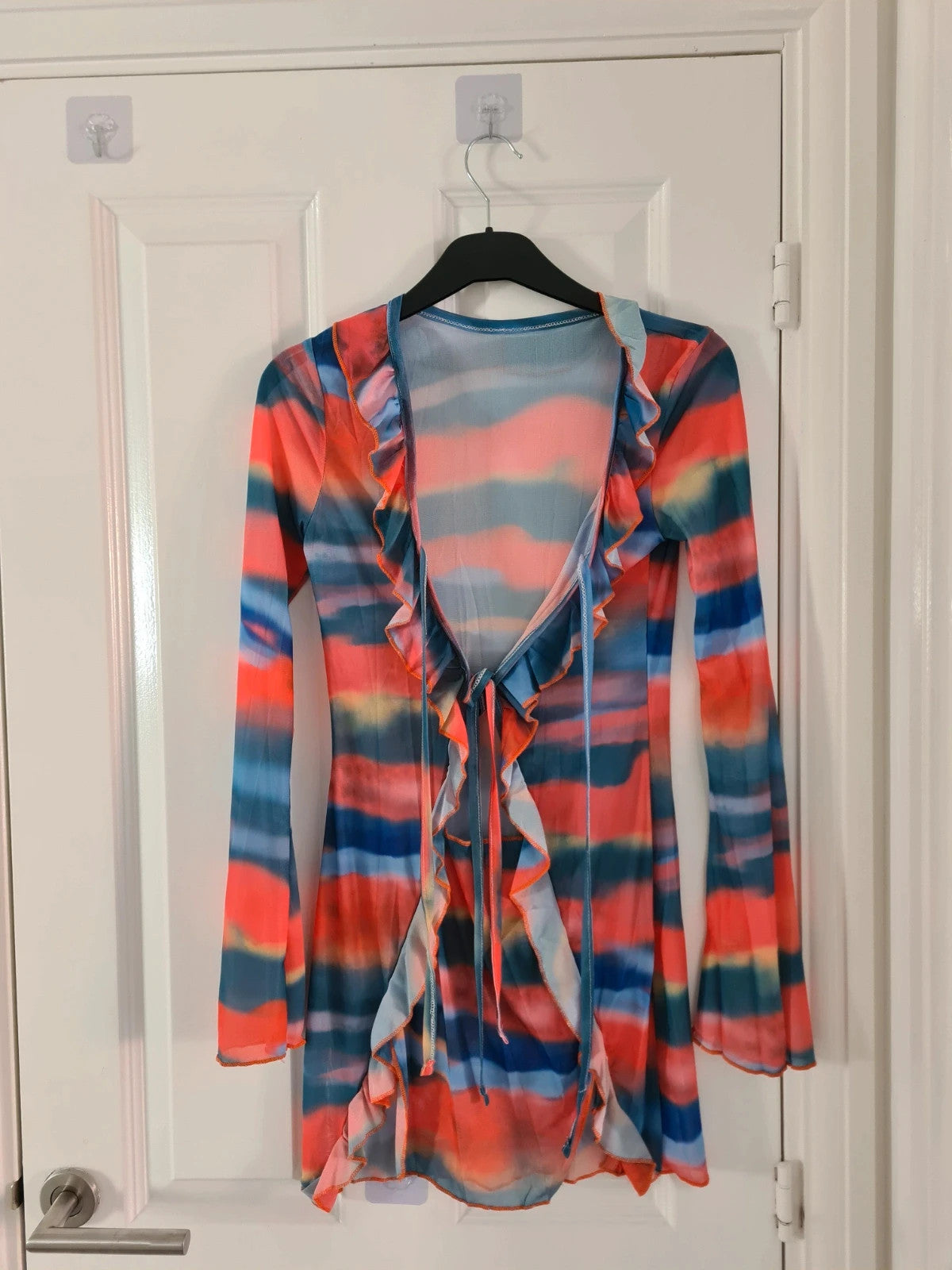 Shein women orange/blue cotton blend sheer mesh mini dress flared long sleeve cut out ruched beach S