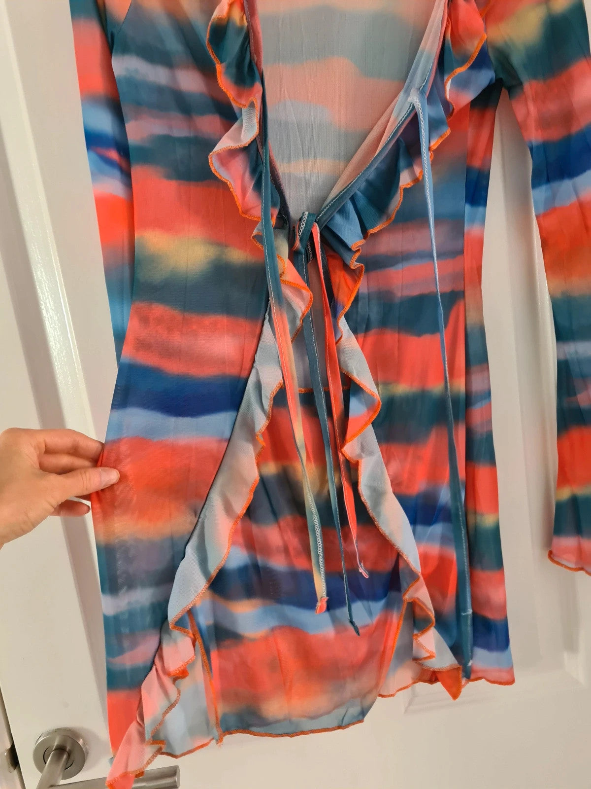 Shein women orange/blue cotton blend sheer mesh mini dress flared long sleeve cut out ruched beach S