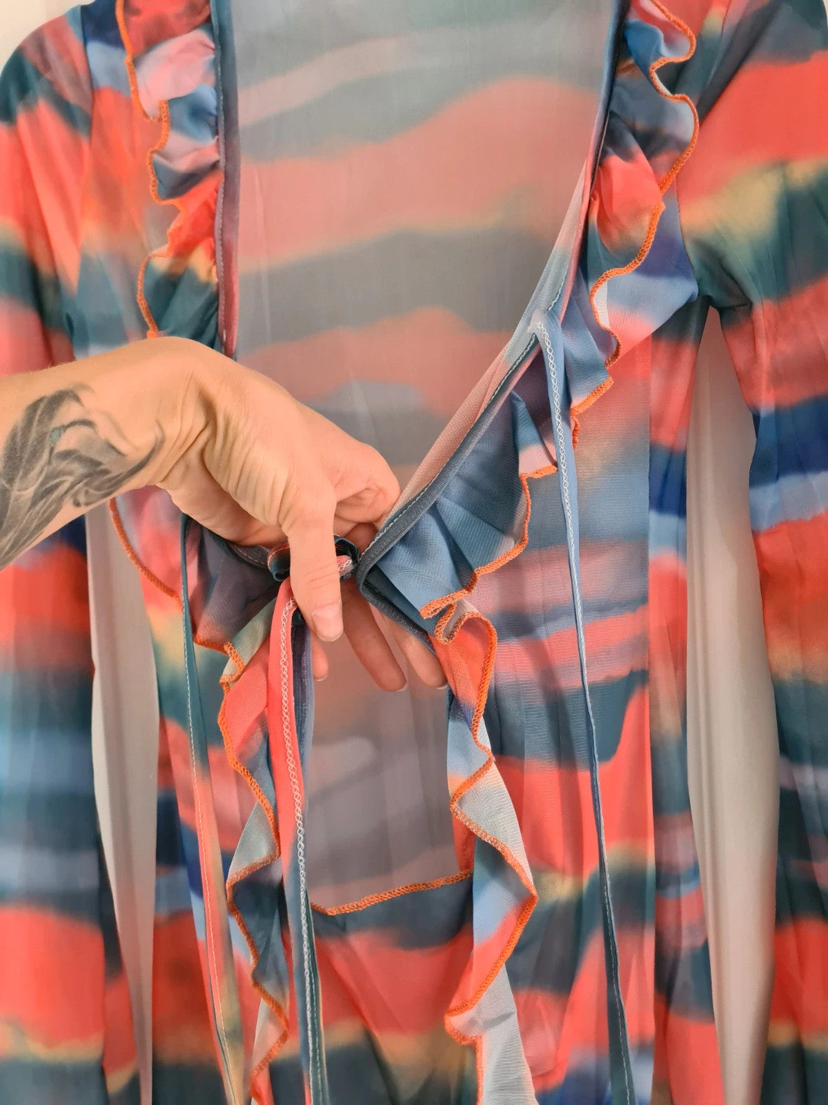 Shein women orange/blue cotton blend sheer mesh mini dress flared long sleeve cut out ruched beach S