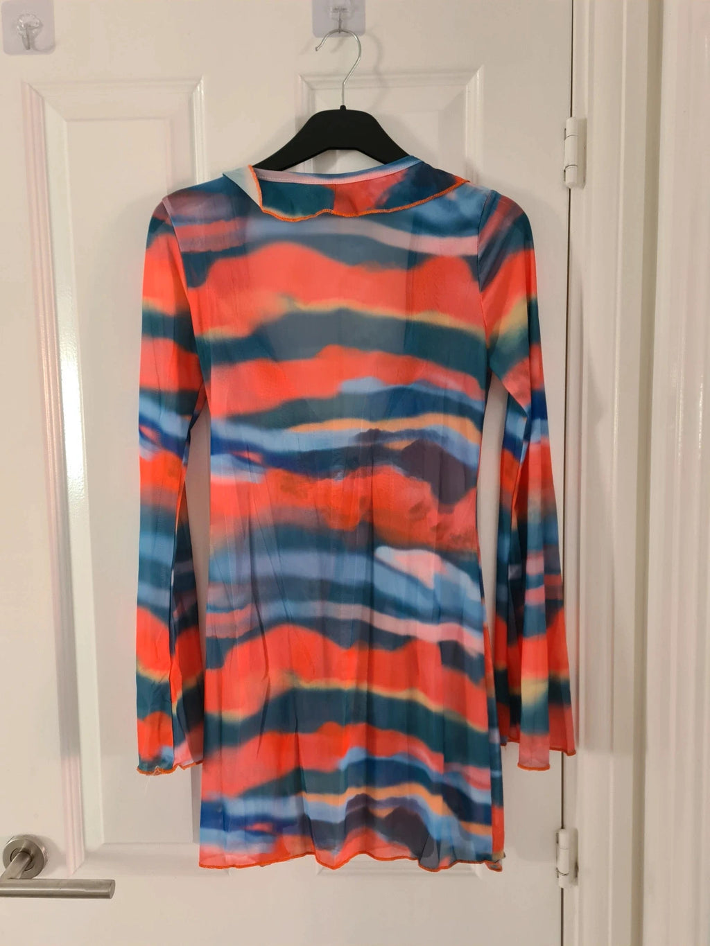 Shein women orange/blue cotton blend sheer mesh mini dress flared long sleeve cut out ruched beach S