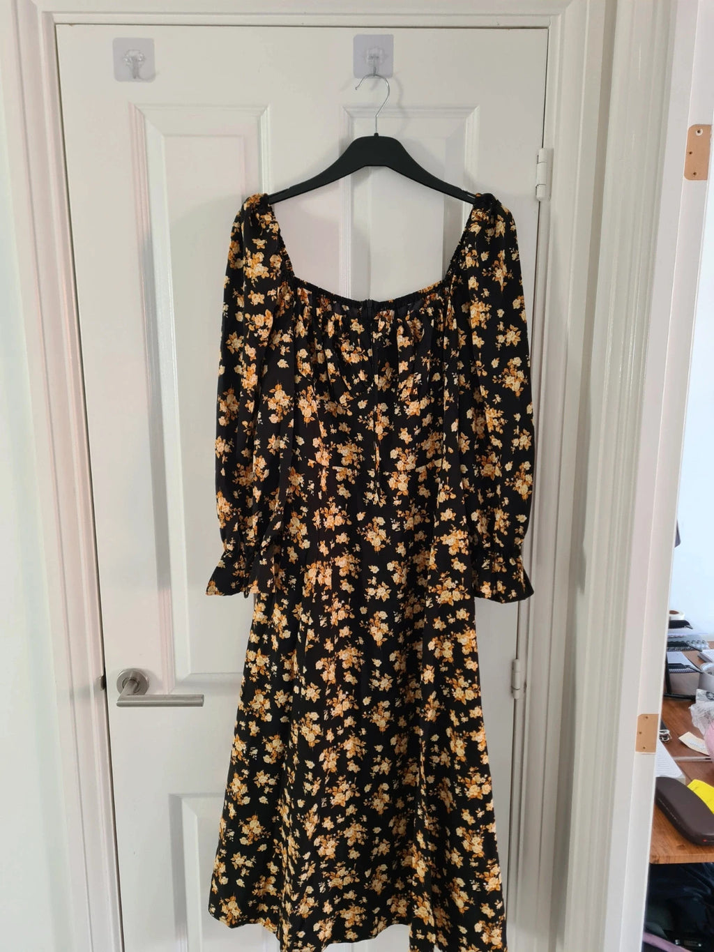 Shein women black floral print midi dress round neck A-line 3/4sleeve zip back casual L/12